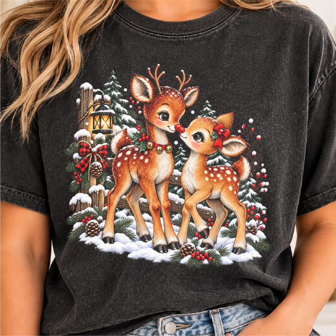 Woodland reindeer Christmas design with vintage winter forest styling