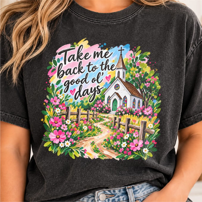 Good old days country church watercolor design with southern faith and floral path