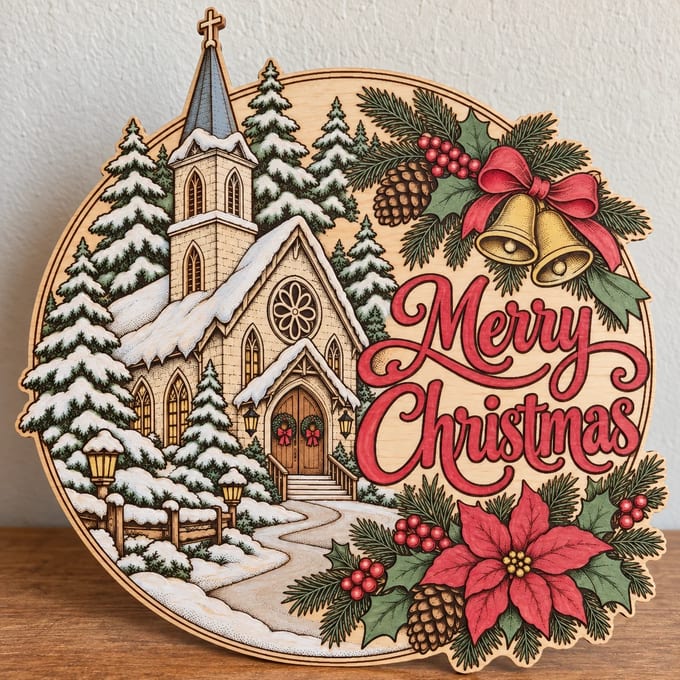 Painted round Merry Christmas sign with a snowy church standing on a wooden table