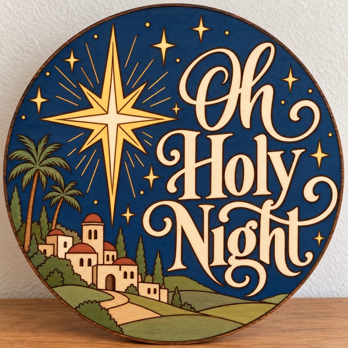 Painted round Oh Holy Night sign with the Star of Bethlehem standing on a wooden table