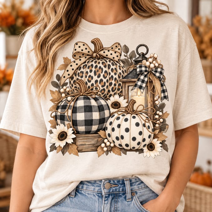 Leopard, buffalo plaid and polka dot pumpkins beside a candlelit lantern with sunflowers and bows in neutral tones