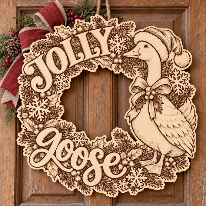 Unpainted wooden Jolly Goose Christmas wreath with a goose in a Santa hat hanging on a front door