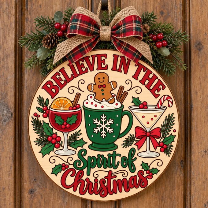Painted round Believe in the Spirit of Christmas cocktail sign hanging on a wooden front door