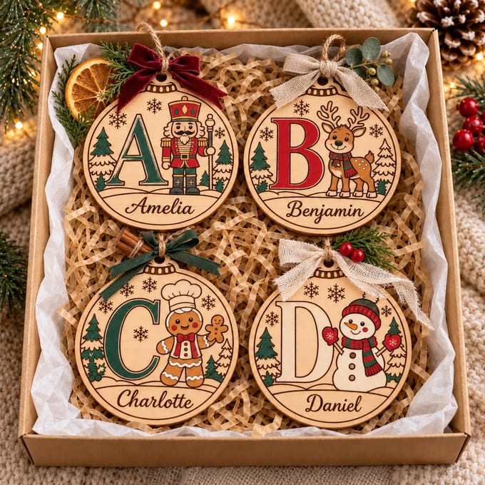 Four personalized alphabet Christmas ornaments, A to D, in a kraft gift box
