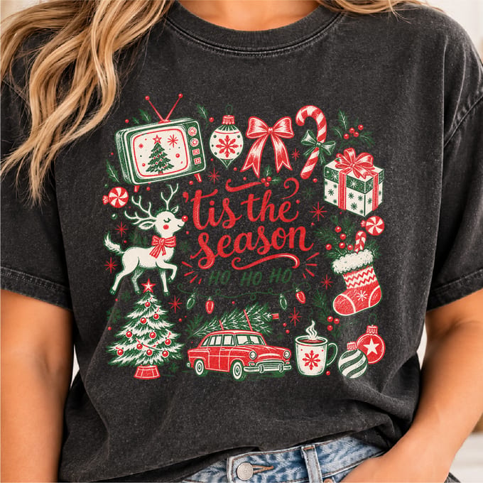 Tis the Season Christmas doodle design with retro festive holiday details