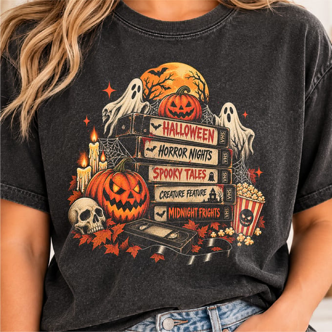 Retro Halloween VHS horror bundle design with spooky pumpkin and ghost details