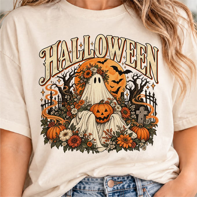 Vintage Halloween ghost pumpkin floral bundle design with retro spooky style