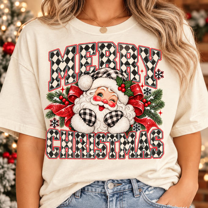 Winking retro Santa with checkered Merry Christmas lettering, a red glitter bow, holly and snowflakes