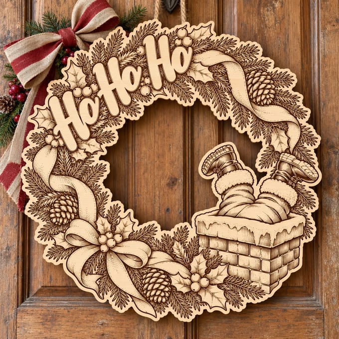 Unpainted wooden Ho Ho Ho Santa chimney wreath hanging on a front door