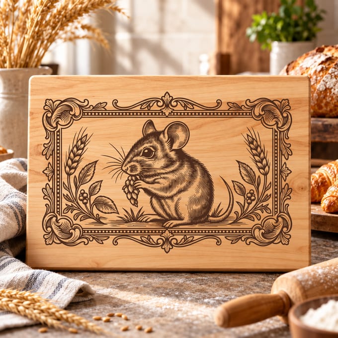 Humorous mouse portrait in an ornate baroque frame for a cutting board design