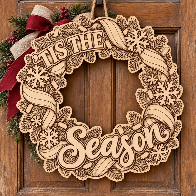 Unpainted wooden Tis the Season wreath with swirling ribbons and snowflakes hanging on a front door