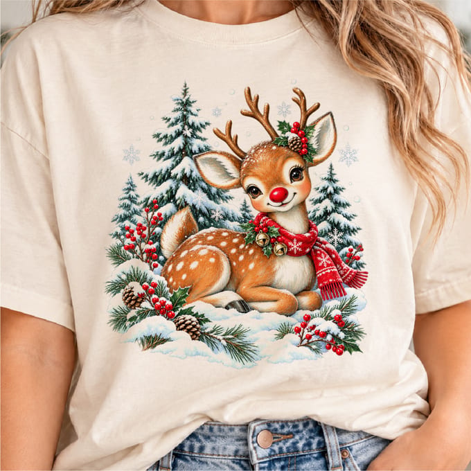 Vintage reindeer Christmas design with snowy forest retro holiday style
