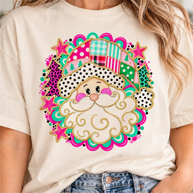 Patchwork Santa Christmas design with pink polka dot girly holiday style