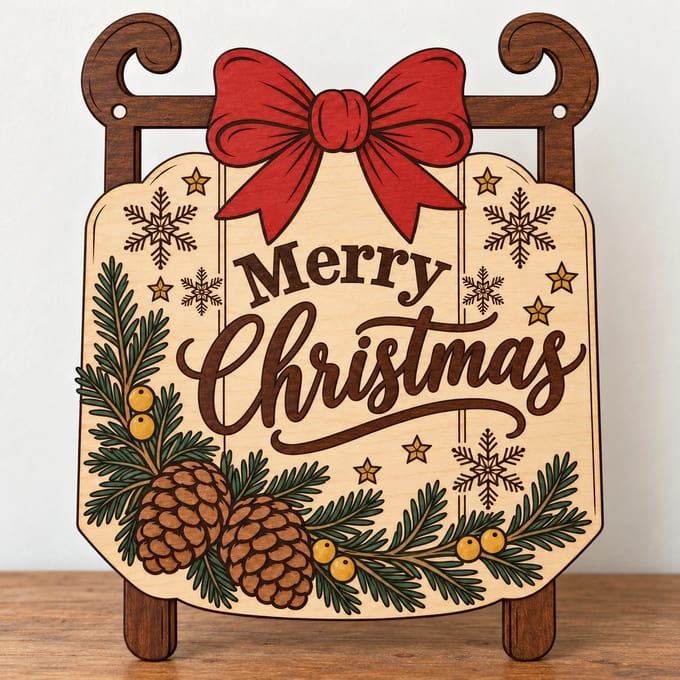 Painted Merry Christmas sled door hanger standing on a wooden table