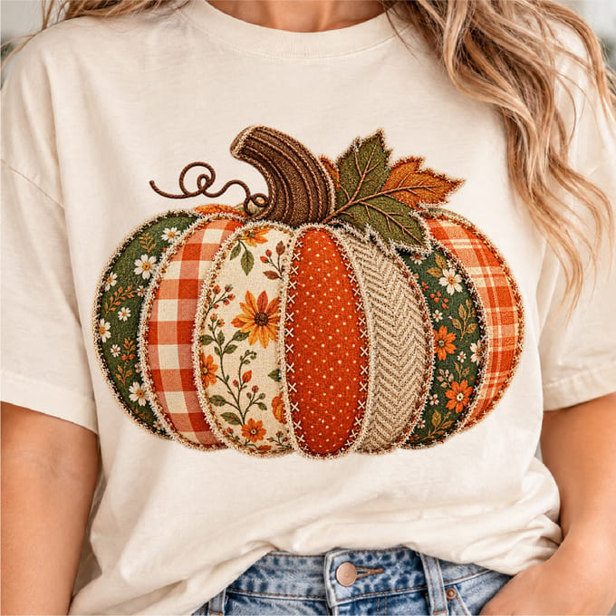 Patchwork pumpkin design with autumn floral quilted fall style