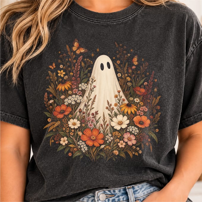 Wildflower ghost Halloween design with boho floral vintage fall style