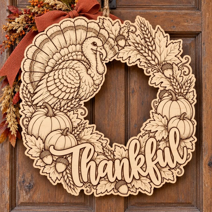 Unpainted wooden Thankful Thanksgiving wreath with a turkey and pumpkins hanging on a front door