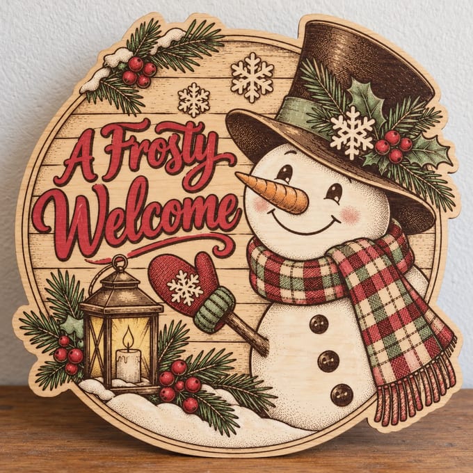 Painted round A Frosty Welcome snowman sign standing on a wooden table