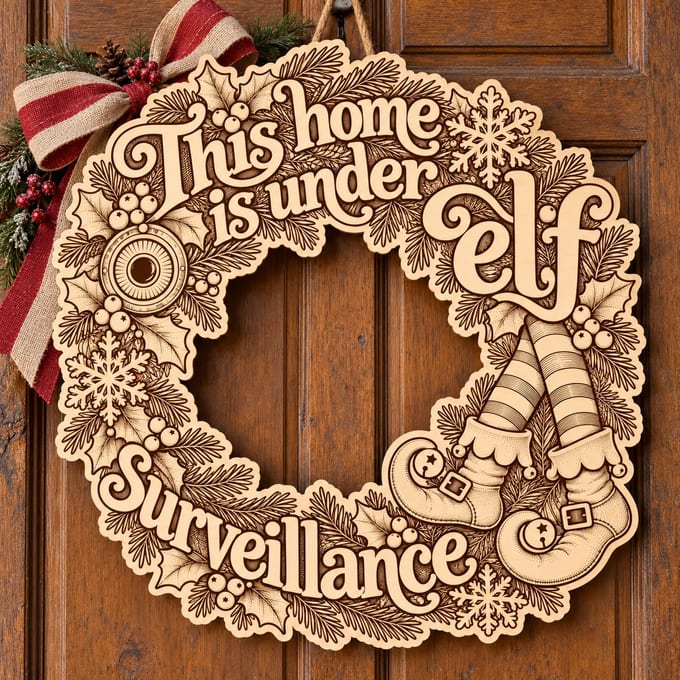 Unpainted wooden This Home Is Under Elf Surveillance wreath hanging on a front door