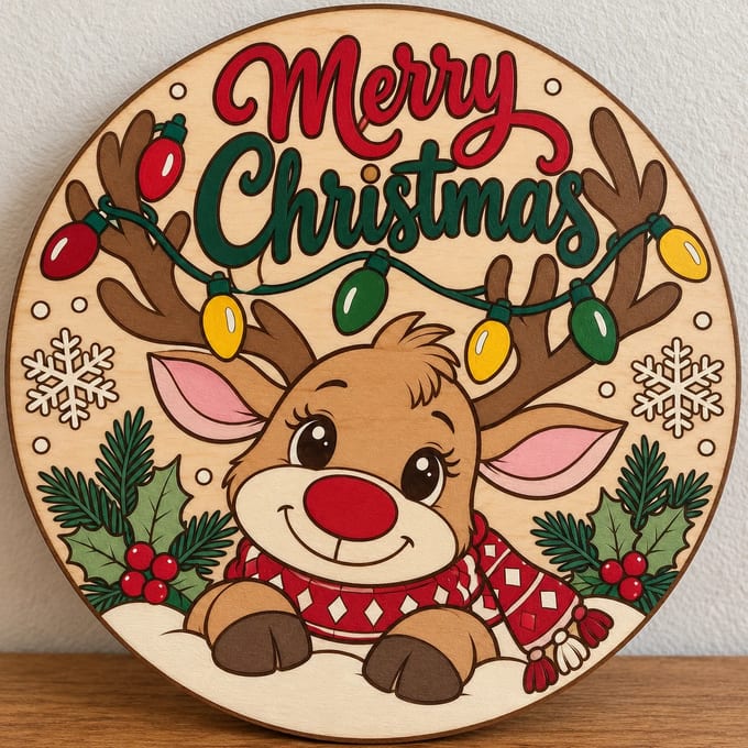 Painted round reindeer Merry Christmas sign with string lights standing on a wooden table