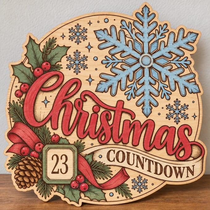 Painted round Christmas Countdown sign with a large snowflake standing on a wooden table