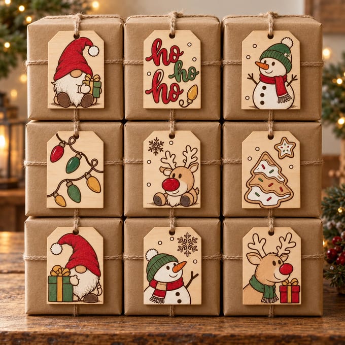 Nine painted Christmas gift tags on kraft wrapped boxes