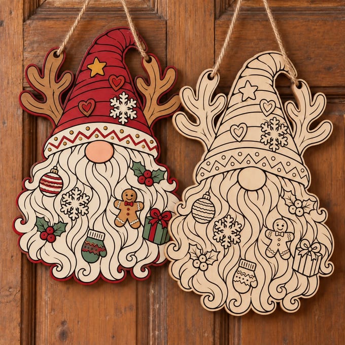 Painted and unpainted Christmas gnome door hanger with reindeer antlers hanging side by side on a wooden door
