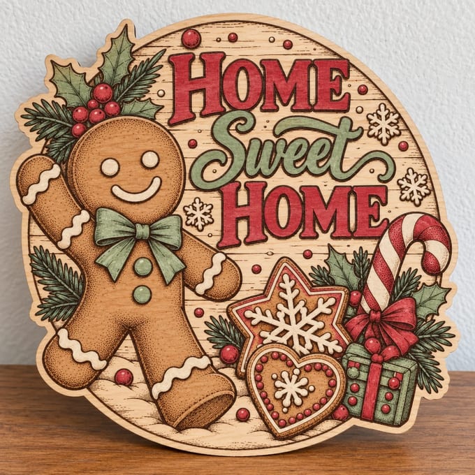 Painted round gingerbread man Home Sweet Home sign standing on a wooden table