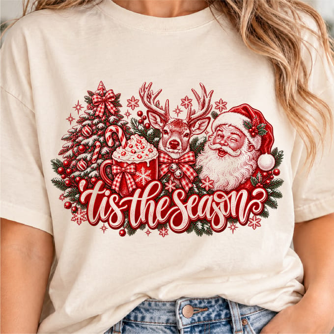 Tis the Season Christmas design with Santa reindeer cocoa and vintage holiday details