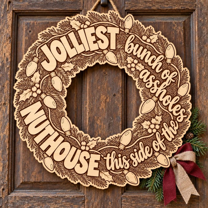 Unpainted wooden Christmas lights wreath with humorous jolliest bunch nuthouse lettering hanging on a front door