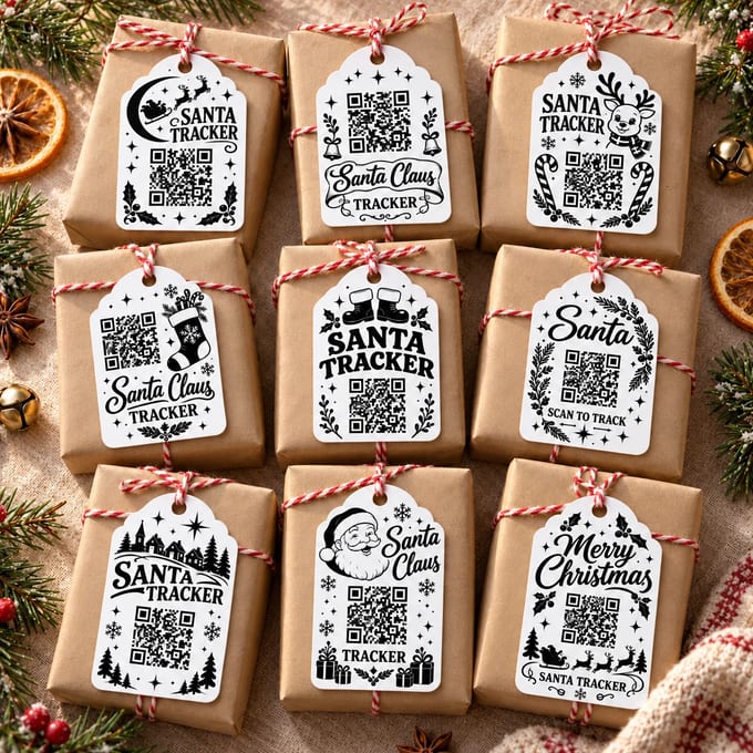 Santa Tracker Christmas tags tied to kraft wrapped gifts