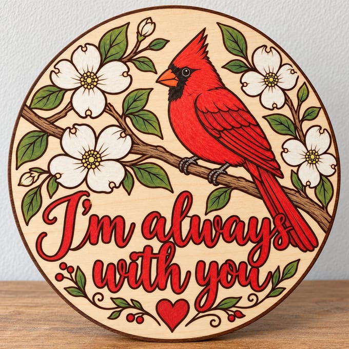 Painted round cardinal memorial sign reading I'm always with you standing on a wooden table