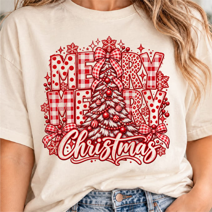 Merry Christmas tree design with preppy checkered leopard and polka dot patterns