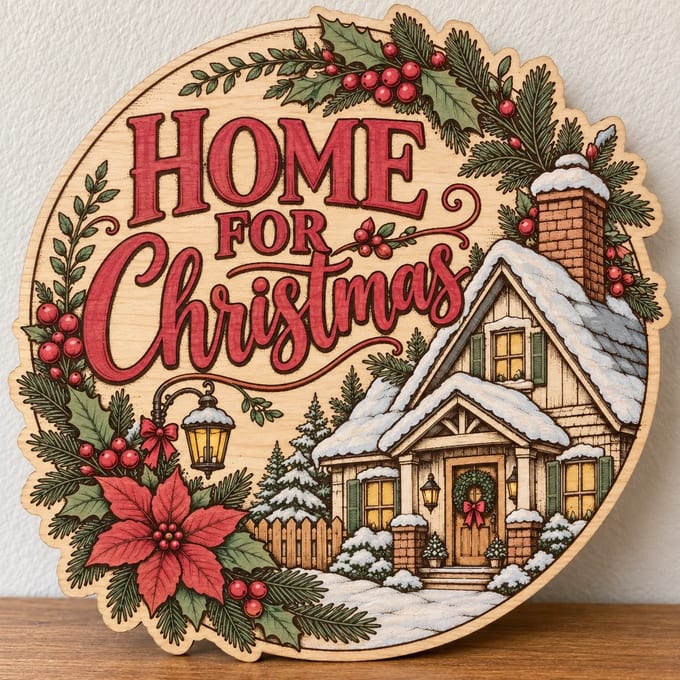 Painted round Home for Christmas sign with a snowy cottage standing on a wooden table