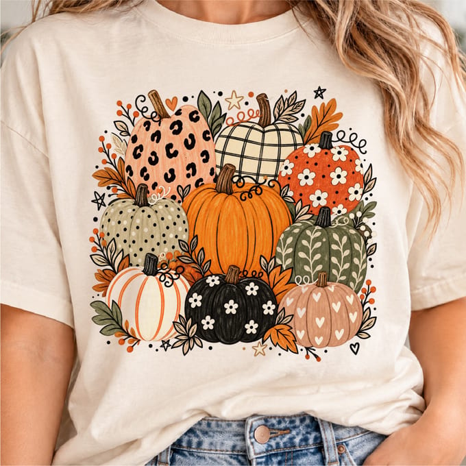 Boho preppy pumpkin fall design with coquette pattern styling