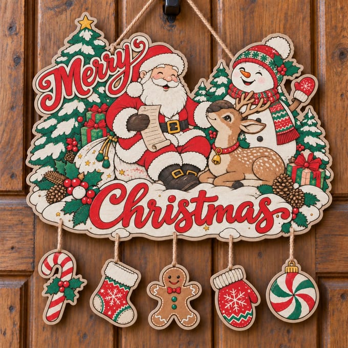 Painted Merry Christmas door hanger with Santa, a snowman, a reindeer and hanging charms