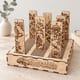 Wooden bookmark stand with engraved botanical bookmarks standing in its slots