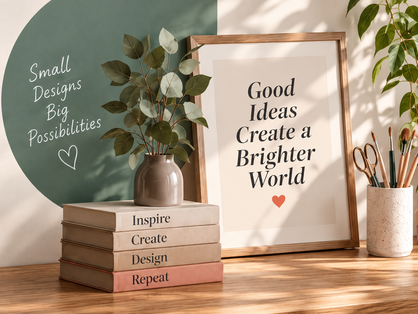 A creative workspace with design books, a plant, and a framed print reading 'Good ideas create a brighter world'