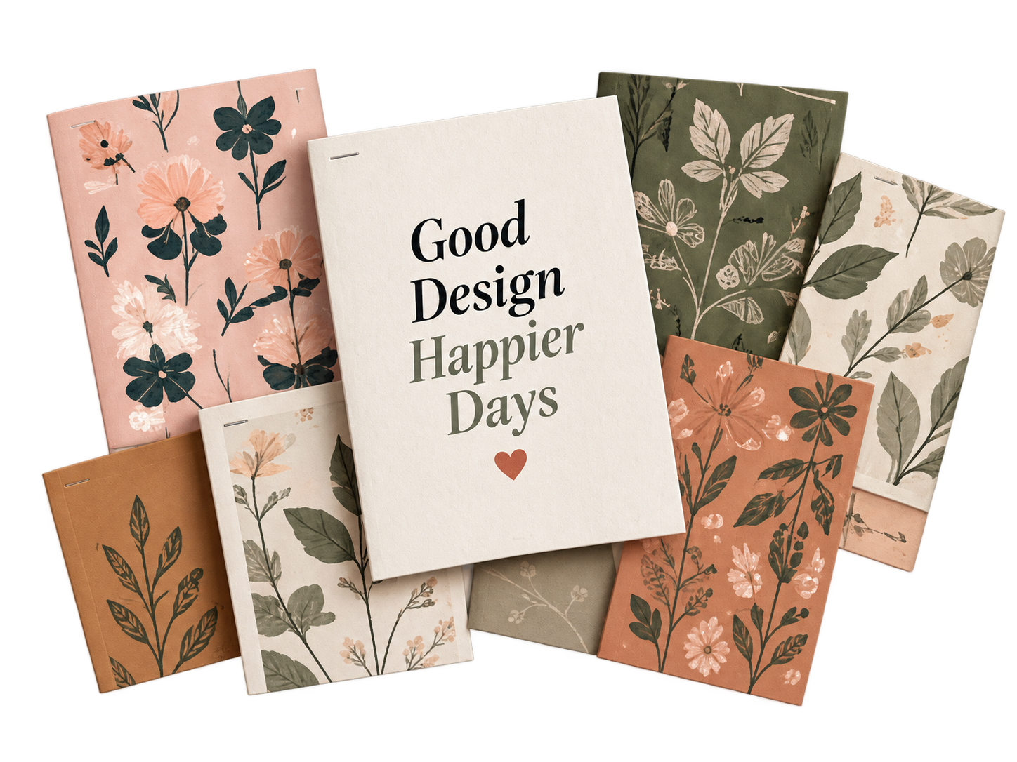 A fanned stack of illustrated notebooks and journals, the top one reading 'Good design, happier days'